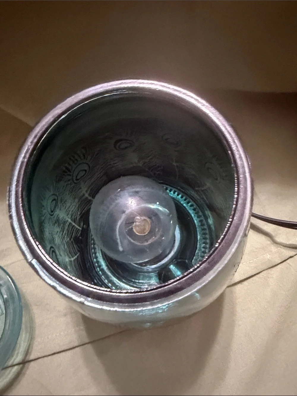 Rare teal Glass Decorative Wax Warmer with Peacock Feather Motif